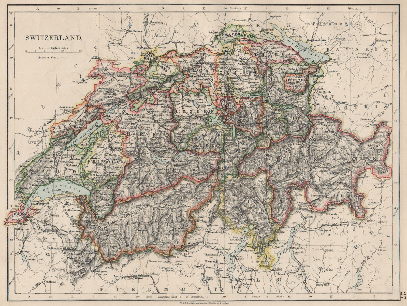 SWITZERLAND. Shows cantons & railways. Alps. Italian lakes. JOHNSTON 1903 map